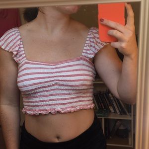 White/ red pin striped crop top w/ ruffled straps